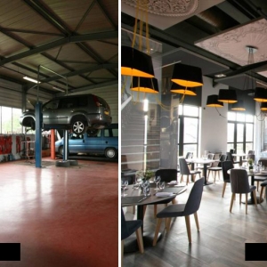 Transformation et aménagement intérieur d’un ancien garage automobile en restaurant haut de gamme à Granves-Sales